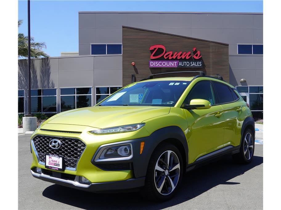 2020 Hyundai Kona Ultimate in Lime Twist — front three-quarter view